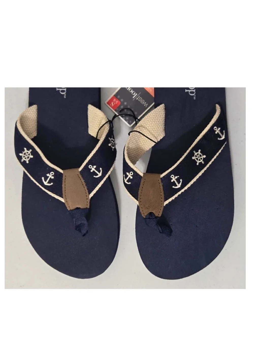 New West Loop Flip Flops Womens Small 5 6 Blue Tan Nautical Sandals Shoes NWT